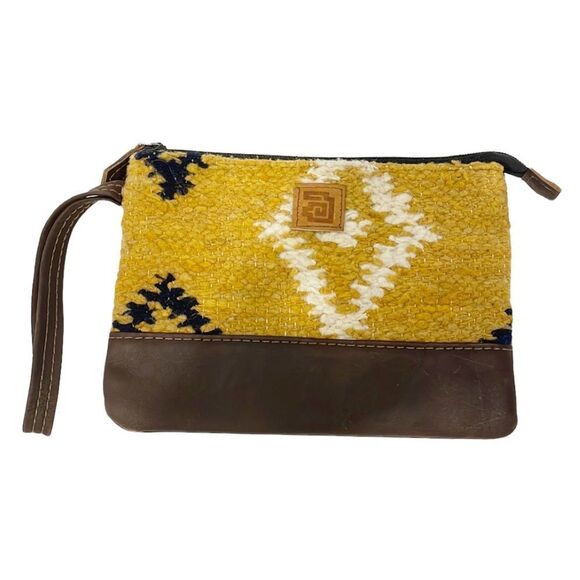 Achiote Guatemalan Goods Wool Full Grain Leather Pouch yellow Aztec - Picture 1 of 9